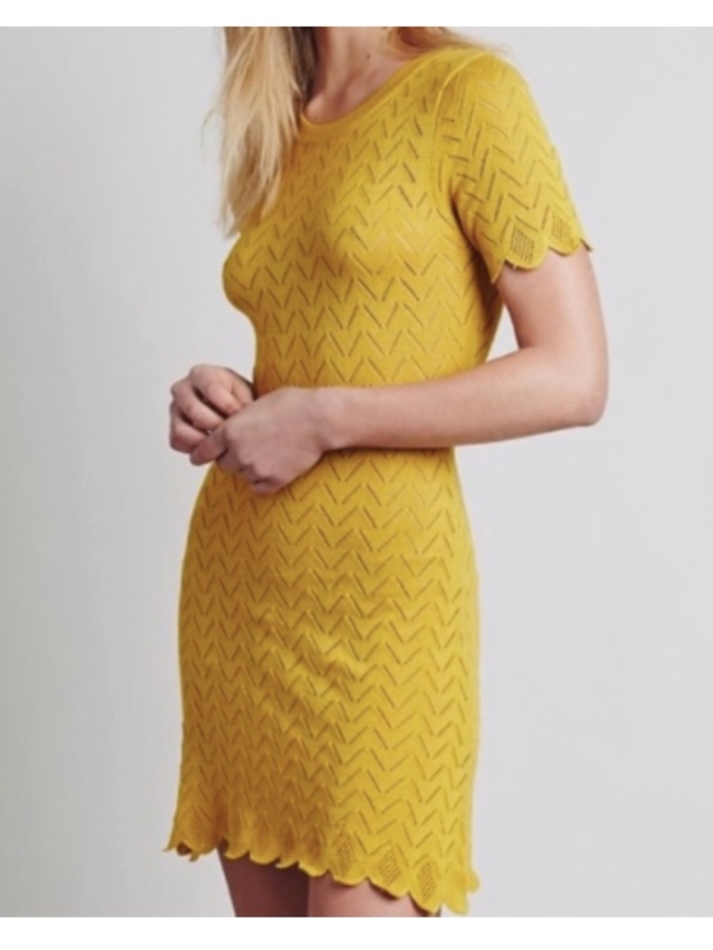 For Love And Lemons Mustard Yellow Knit Scallop-Trim Mini Dress